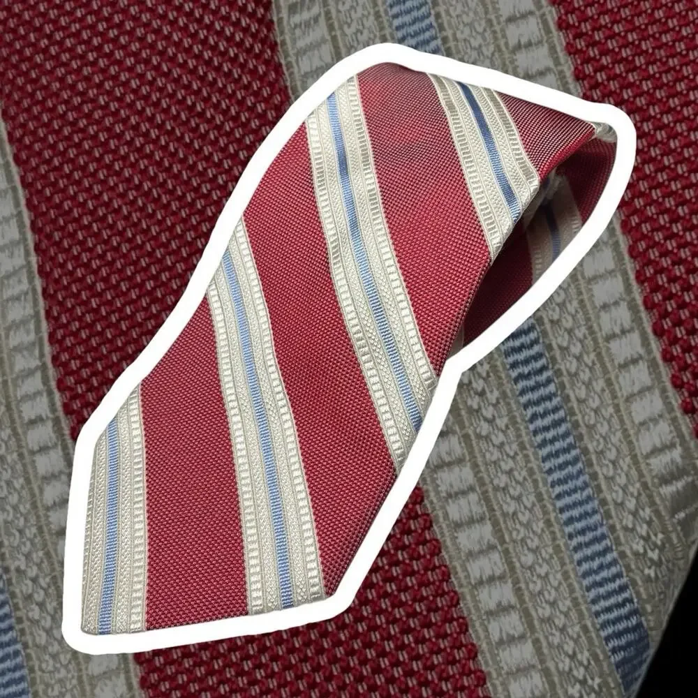 Faconnable Necktie Red Blue White Striped Silk Hand Made in Italy Tie Textured